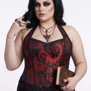 Gothic Red Black Corset Bodice Women Plus Size Halter Cosplay Renaissance Top